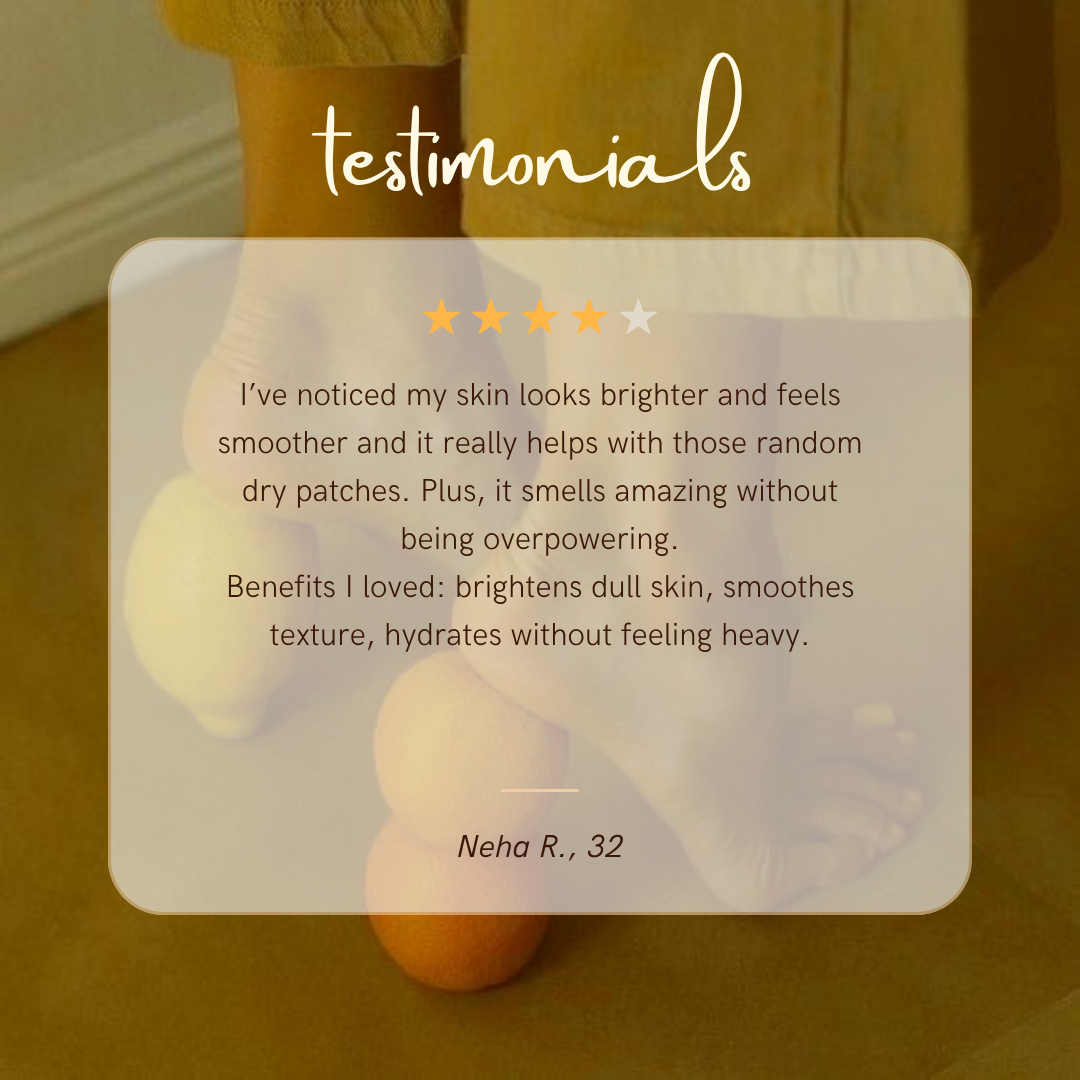 Customer testimonial about Citrus Glow Elixir face oil results for glowing skin