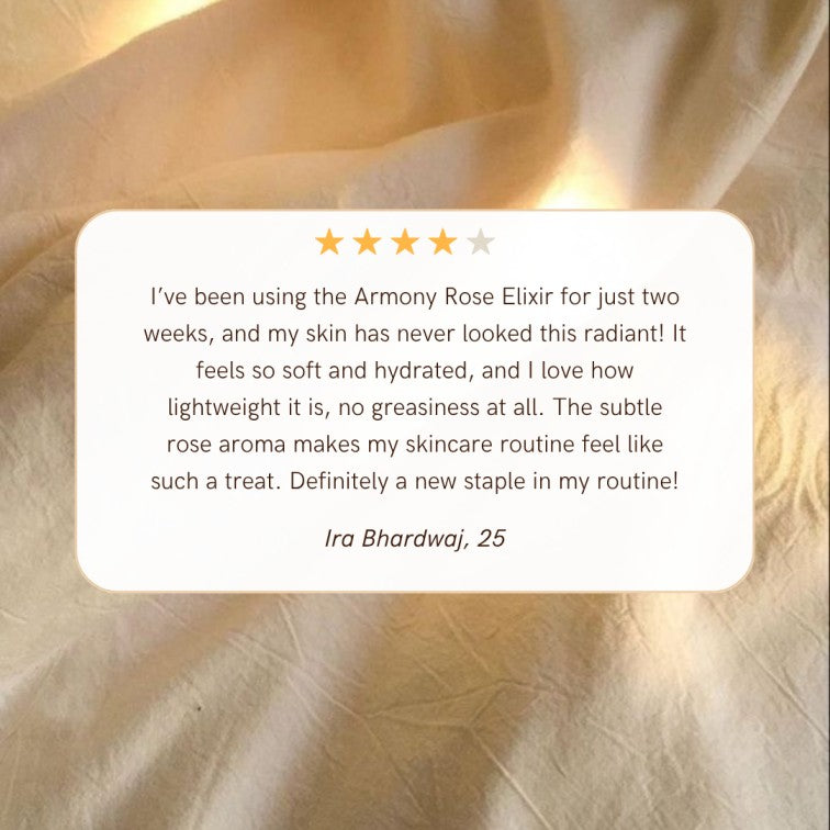 Customer testimonial about Rose Elixir lightweight face oil for glowing skin