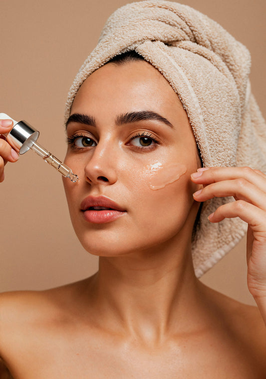 Woman with towel on head applying vitamin C serum on her face for glowing skin