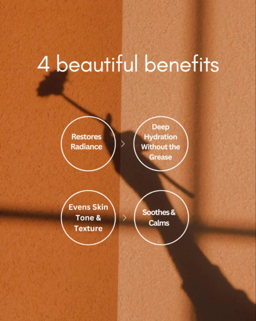Text overlay on a brown background with '4 beautiful benefits' and listed advantages of rose elixir 