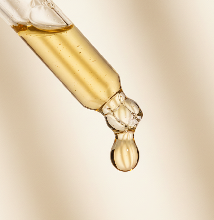 Close-up of a dropper of citrus glow elixir on a beige background