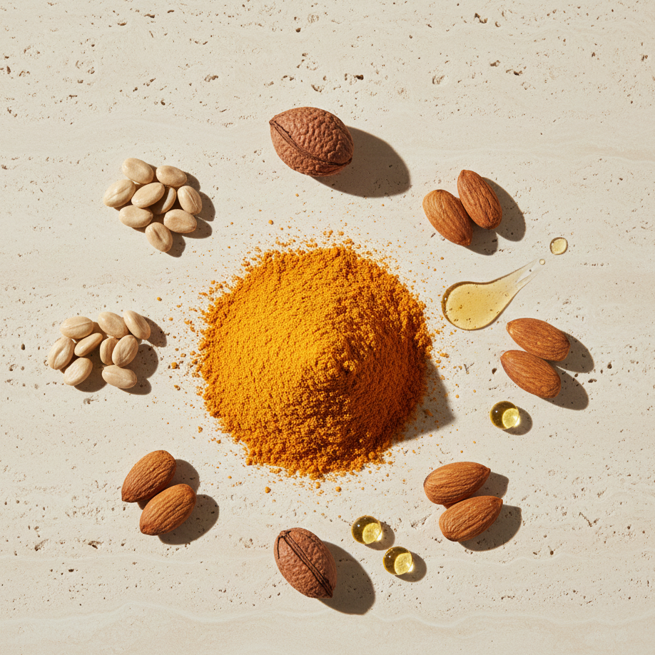 Orange peel powder surrounded by other plant ingredients used in citrus glow elixir on a beige surface
