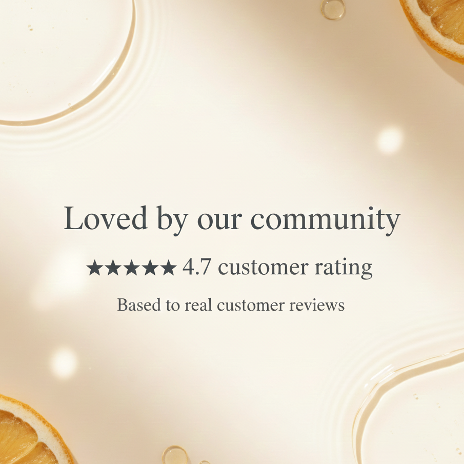 Product packaging with lemon slices and a 4.7 customer rating text on a beige background