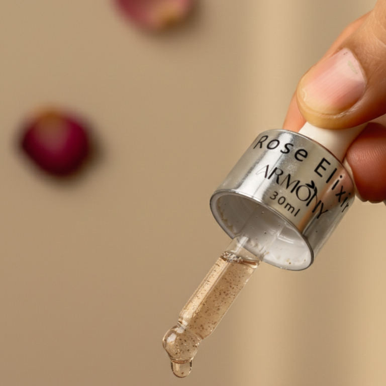 A hand holds a small dropper bottle labeled 'Armony Rose Elixir 30ml' over a surface with scattered pink rose petals. A clear drop of golden serum is shown falling between soft beige and brown blurred background elements.