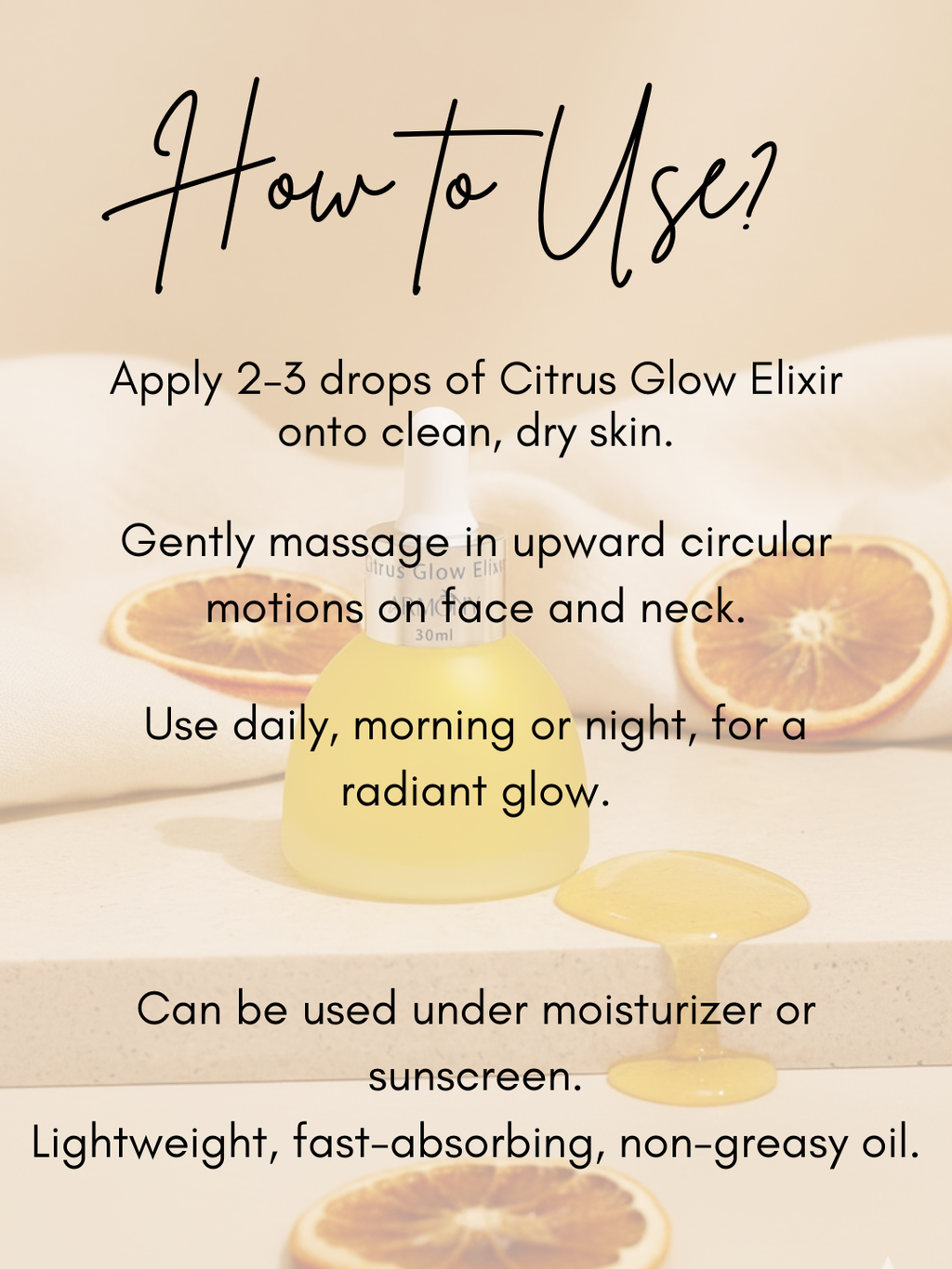 Instructions for using Citrus Glow Elixir with a visual of the product and oranges.