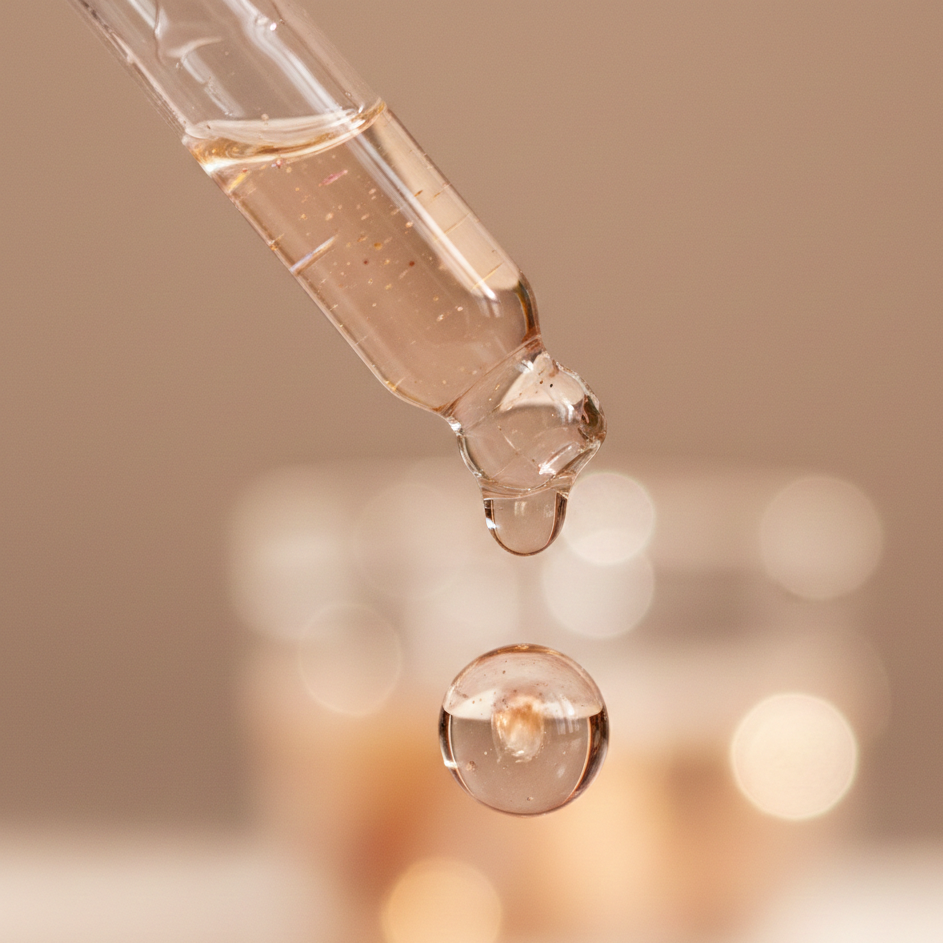 Close-up of a dropper with a drop of rose elixir against a blurred background