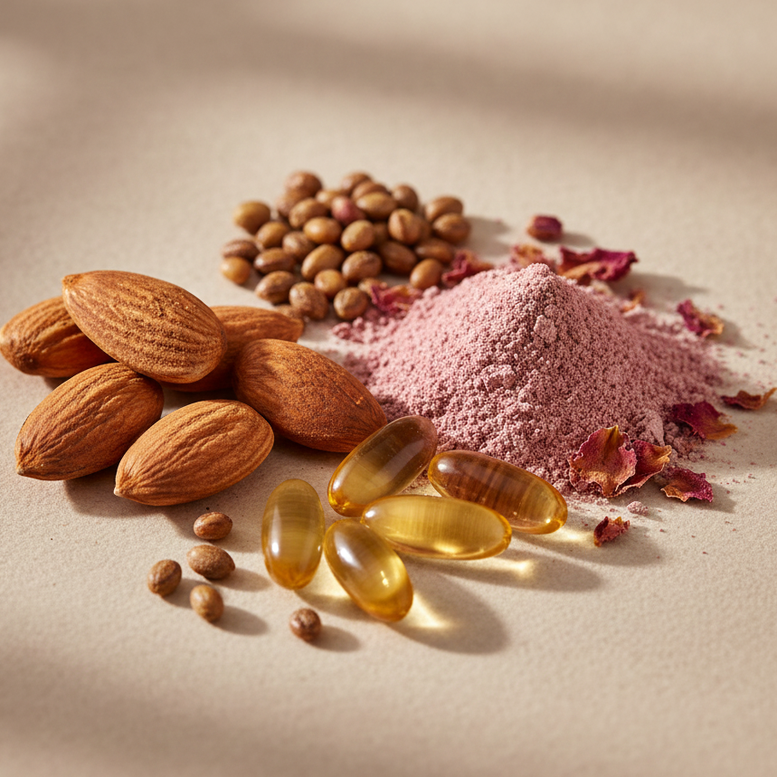 Almonds, seeds, rose powder, and vitmain e oil on a beige surface