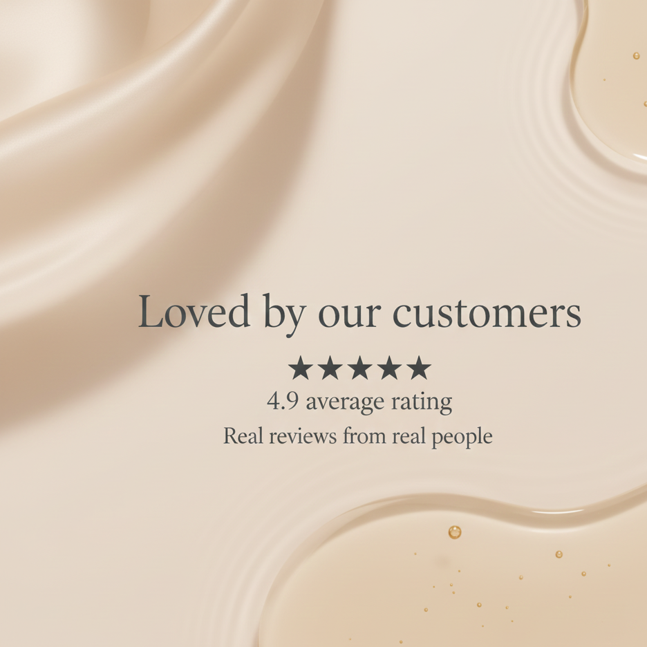 Product with a smooth texture and text overlay about customer love and ratings.