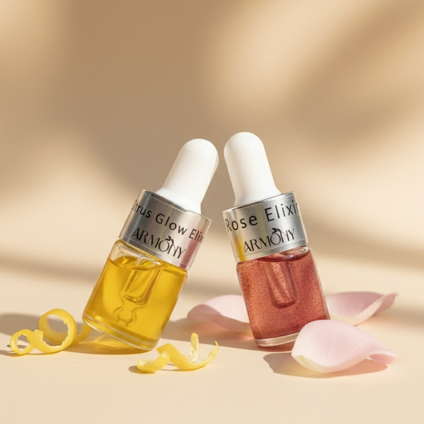 Two skincare droppers with rose elixir on a beige background