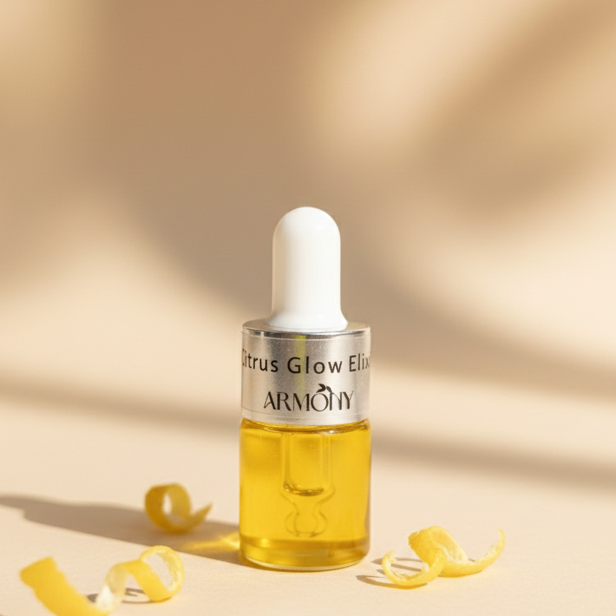 Bottle of 'Citrus Glow Elixir' with a white cap on a beige background