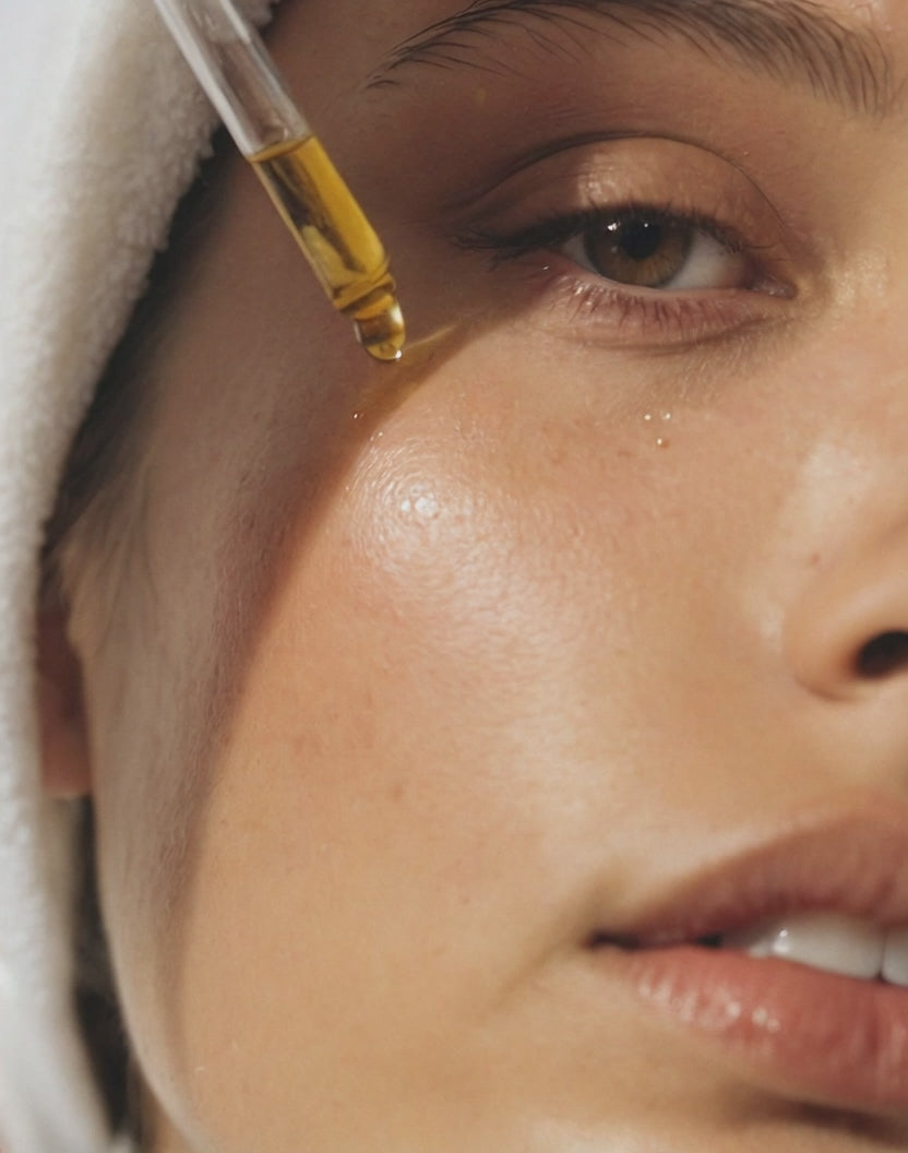 Model applying Citrus Glow Elixir Vitamin C face oil for glowing skin