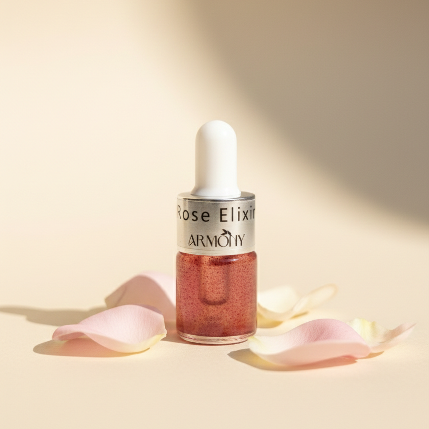 Bottle of 'Rose Elixir' by Armory on a beige background with pink petals.